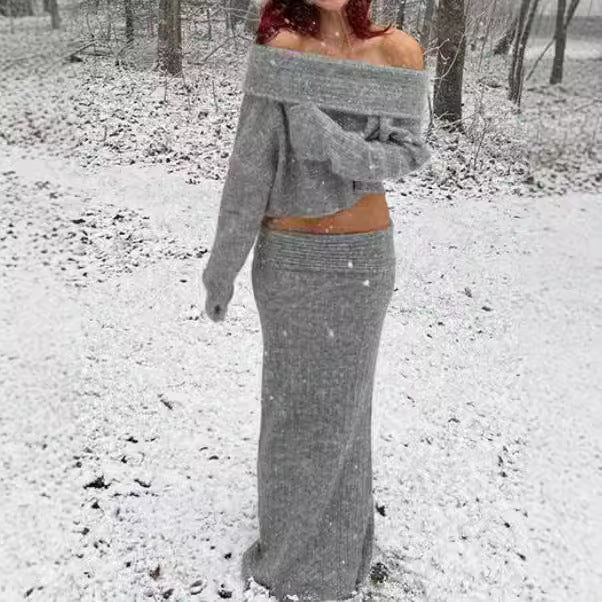 Modisches Zweiteiler-Set – Strick-Off-Shoulder-Oberteil & Rock